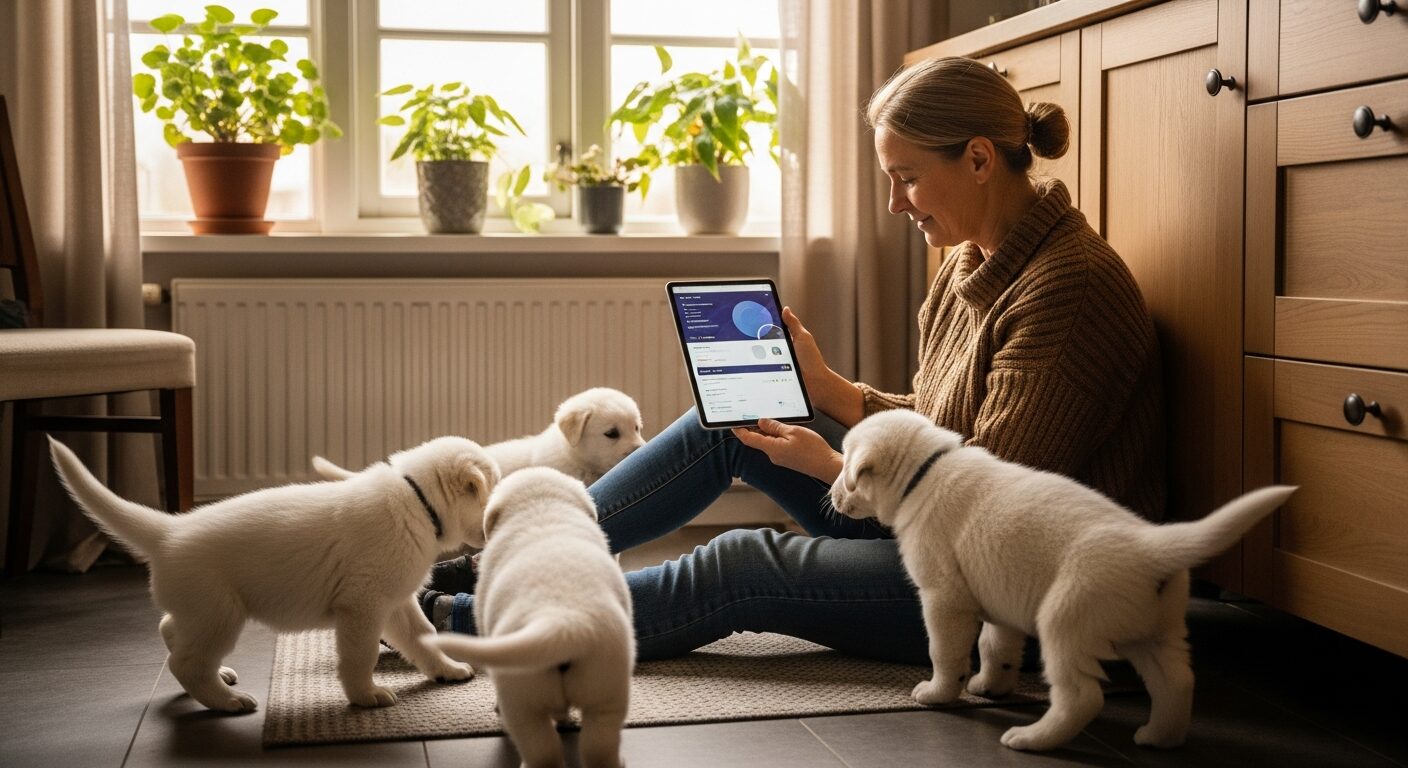 Éleveur consultant le suivi d’une portée de chiots